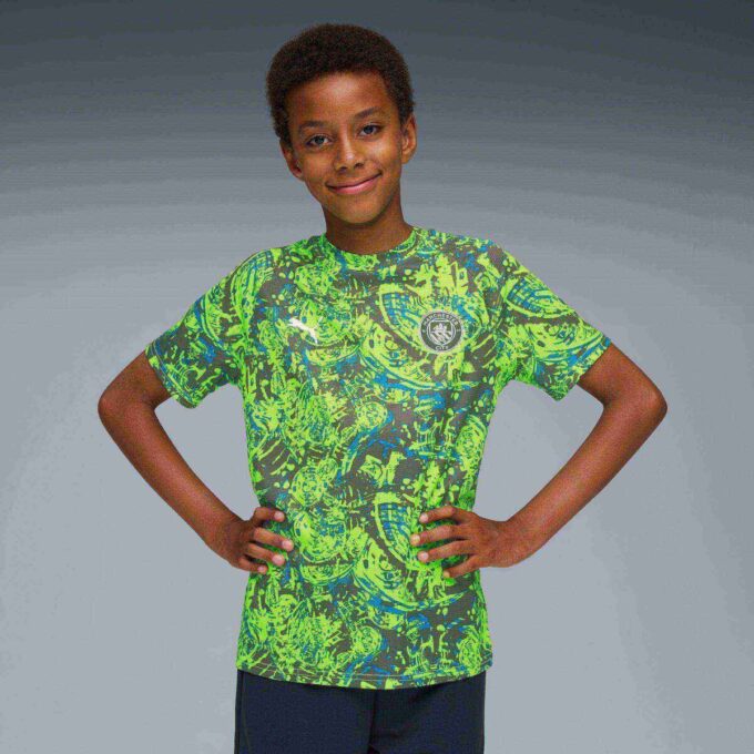 Camiseta de calentamiento de fútbol para niños grandes del Manchester City antes del partido Camiseta de calentamiento de fútbol para niños grandes del Manchester City antes del partido