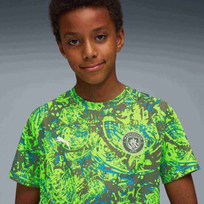 Camiseta de calentamiento de fútbol para niños grandes del Manchester City antes del partido Camiseta de calentamiento de fútbol para niños grandes del Manchester City antes del partido