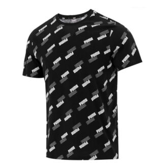 Camiseta de cuello redondo, transpirable, con estampado completo del logotipo y manga corta, color negro.