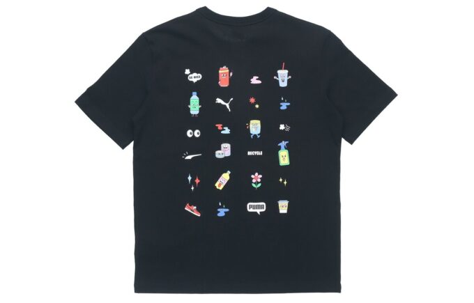 Camiseta deportiva con estampado de alfabeto, cuello redondo y manga corta, color negro