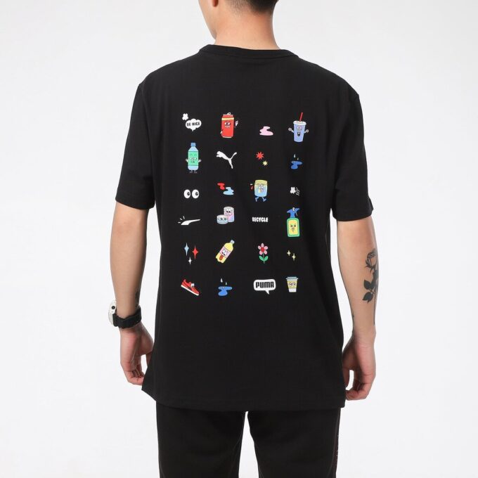 Camiseta deportiva con estampado de alfabeto, cuello redondo y manga corta, color negro