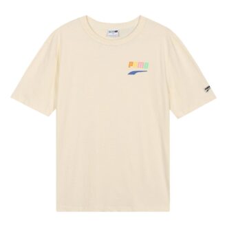 Camiseta deportiva con estampado de dibujos animados y alfabeto, cuello redondo y manga corta, color beige