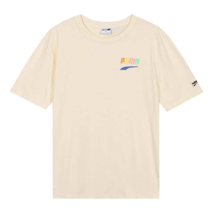Camiseta deportiva con estampado de dibujos animados y alfabeto, cuello redondo y manga corta, color beige