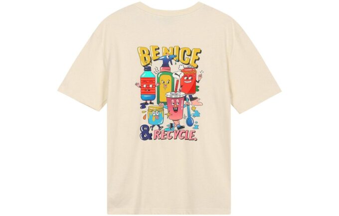 Camiseta deportiva con estampado de dibujos animados y alfabeto, cuello redondo y manga corta, color beige