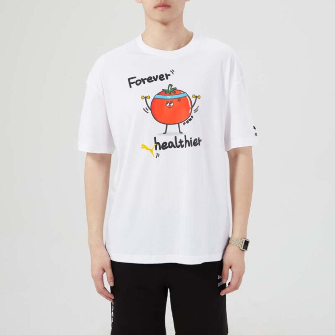 Camiseta deportiva PUMA de manga corta con cuello redondo y estampado divertido para hombre, color blanco