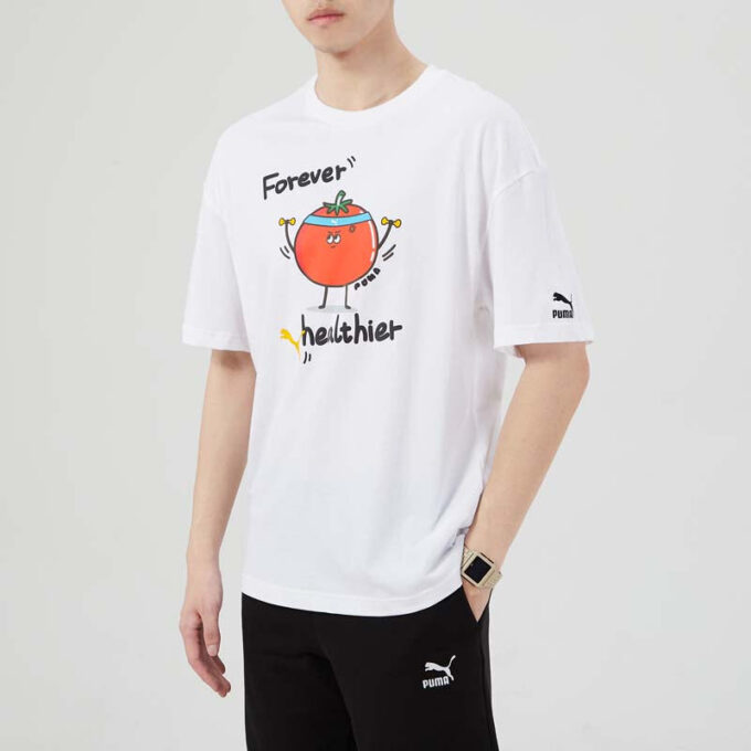 Camiseta deportiva PUMA de manga corta con cuello redondo y estampado divertido para hombre, color blanco