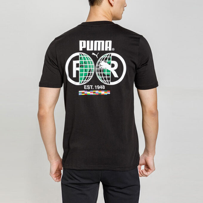 Camiseta Intl con estampado de tema, cuello redondo, manga corta, negra