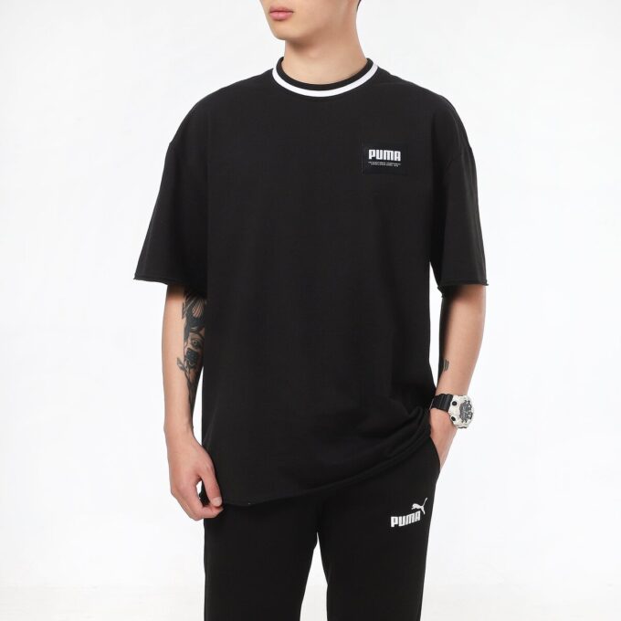 Camiseta lisa de cuello redondo para hombre, color negro