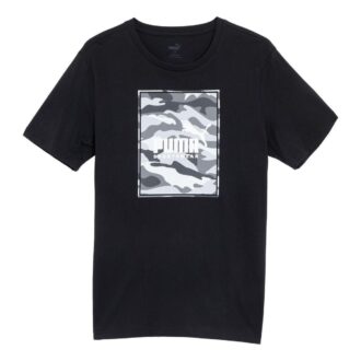 Camiseta negra con estampado de camuflaje y logo de caja
