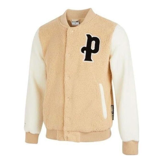 Chaqueta de béisbol Sherpa con logotipo en beige