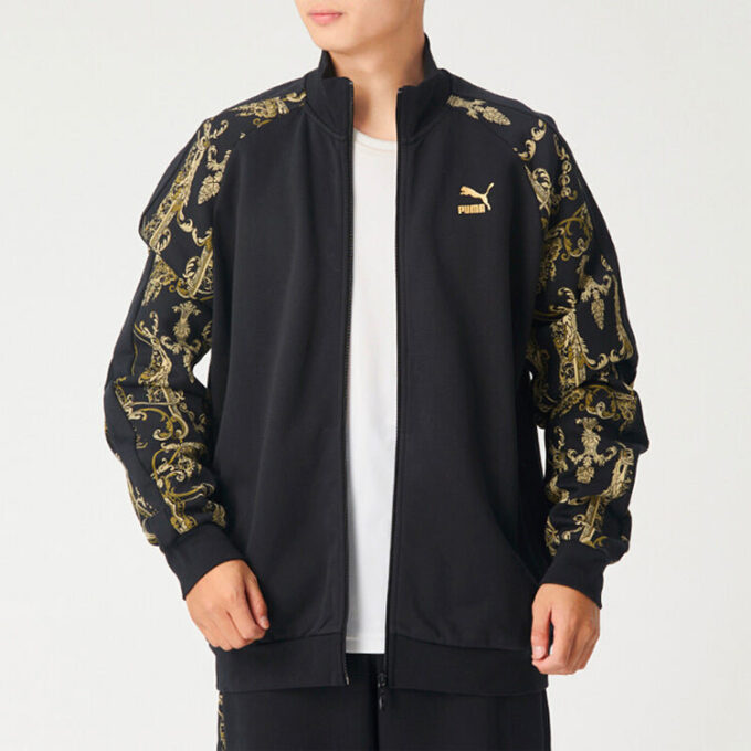 Chaqueta deportiva Luxe Aop Track con cremallera completa y logo estampado para hombre, color negro y dorado