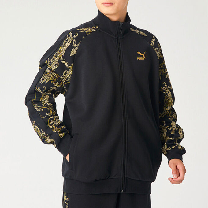Chaqueta deportiva Luxe Aop Track con cremallera completa y logo estampado para hombre, color negro y dorado