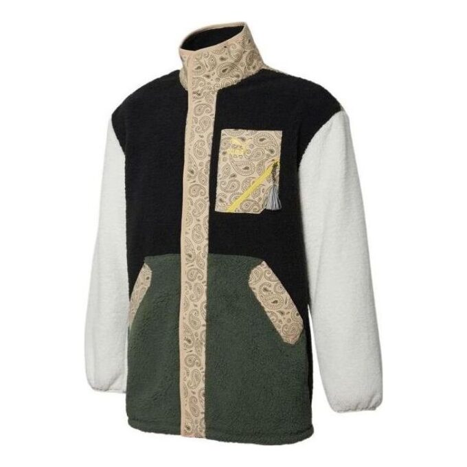 Chaqueta informal con cuello alto y puños en negro, verde, blanco y tostado