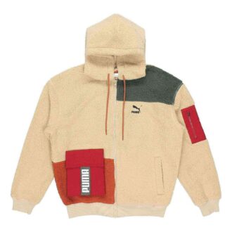 Sudadera con capucha y cremallera completa de sherpa con diseño retro en beige, rojo y verde
