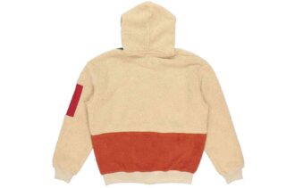 Sudadera con capucha y cremallera completa de sherpa con diseño retro en beige, rojo y verde