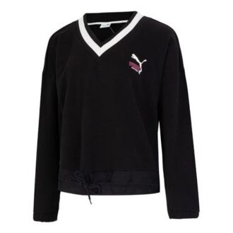 Sudadera con cuello en V y logo para mujer, color negro