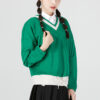 Sudadera con cuello en V y logo para mujer, color verde