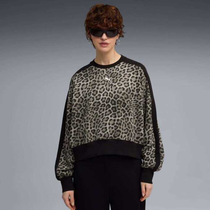 Sudadera de cuello redondo con estampado animal T7 Leopard Luxe para mujer Sudadera de cuello redondo con estampado animal T7 Leopard Luxe para mujer