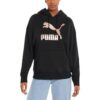 Sudadera deportiva informal con capucha y logo grande para mujer, color negro y rosa