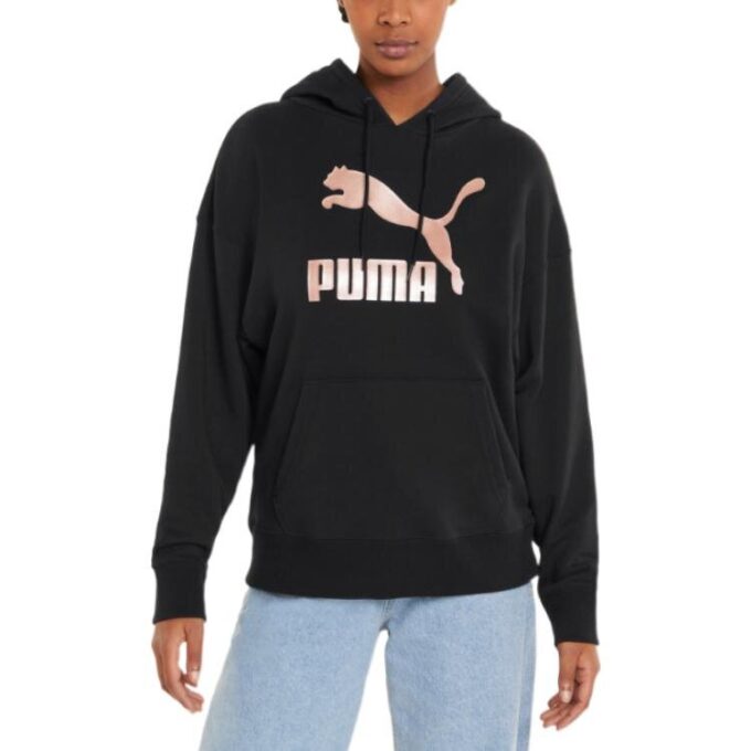 Sudadera deportiva informal con capucha y logo grande para mujer, color negro y rosa