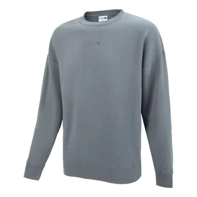 Sudadera gris con cuello redondo y logo pequeño