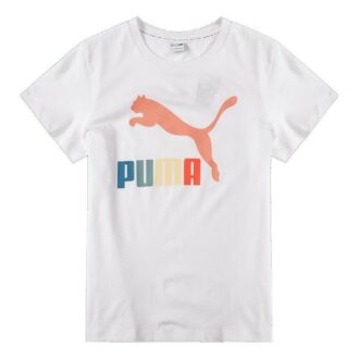 (WMNS) Camiseta clásica con logo de interés, informal, cuello redondo, manga corta, blanca