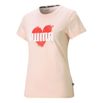 (WMNS) Camiseta deportiva con estampado de corazón y logo de amor, cuello redondo y manga corta, rosa y rojo