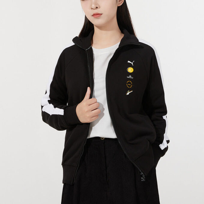 (WMNS) Chaqueta de cuello alto de punto con rayas distintivas, negra