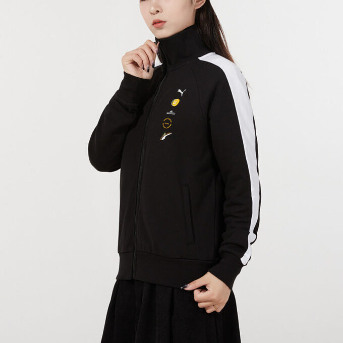 (WMNS) Chaqueta de cuello alto de punto con rayas distintivas, negra