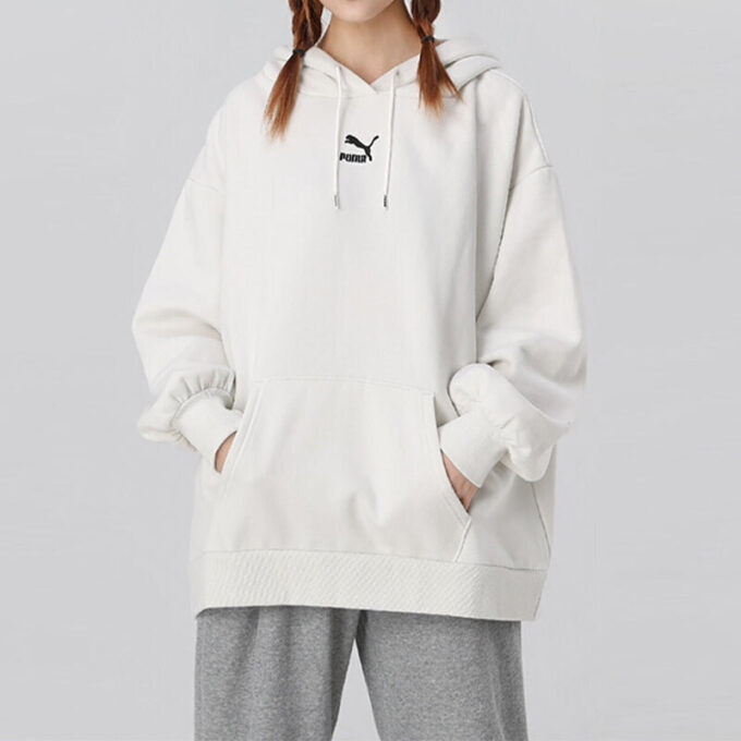 (WMNS) Sudadera con capucha clásica de forro polar con estampado de logotipo extragrande y abrigada en gris