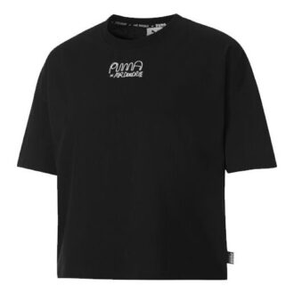 (WMNS) x MR DOODLE Camiseta holgada con grafiti cruzado y logo grande, manga corta, color negro