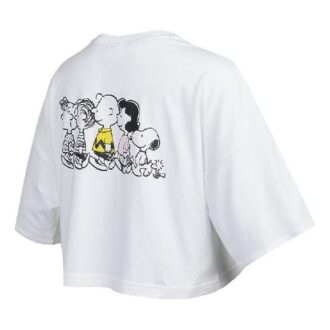 (WMNS) x PEANUTS Camiseta holgada de cuello redondo con logotipo bordado, manga corta, color blanco