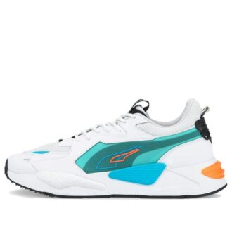Zapatillas deportivas informales RS-X Split Athleisure unisex, blancas, azules y verdes.