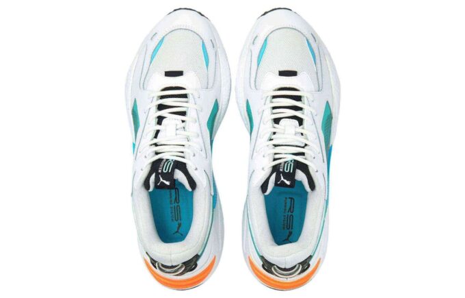 Zapatillas deportivas informales RS-X Split Athleisure unisex, blancas, azules y verdes.